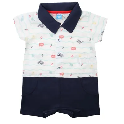 Macacão Curto Bebê Din Don Gola Polo Estampa Mar