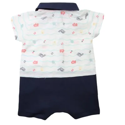 Macacão Curto Bebê Din Don Gola Polo Estampa Mar