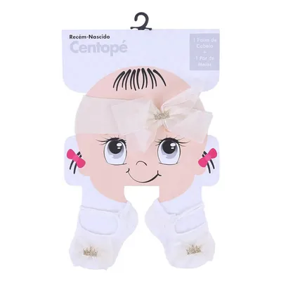 Kit Centopé Recém-Nascido Faixa Cabelo + Meia Sapatilha Off-White