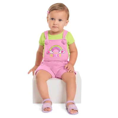 Jardineira Bebê Livy Detalhe Arco Íris Magical + Blusa Básica