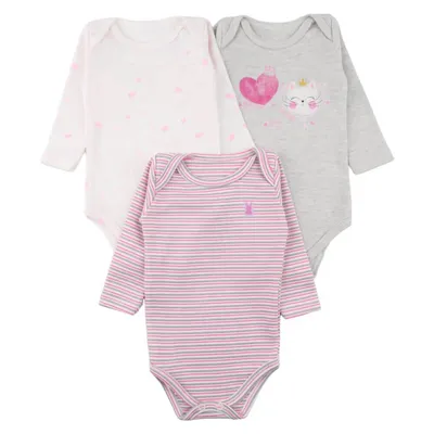 Kit Body Manga Longa Kiko Baby Estampa Gata - 03 Peças