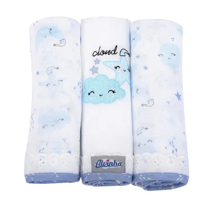 Kit Fralda Minasrey Bordada Alvinha Cloud - 03 Peças