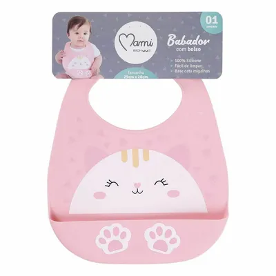 Babador Silicone Mami Bichuus Com Bolso Gatinha