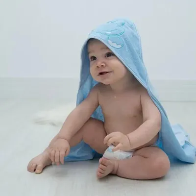 Kit Zip Toalha Com Capuz + 03 Panos De Boca Hipopótamo Azul