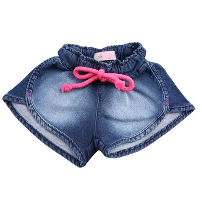 Shorts Jeans Infantil Color Mini Detalhe Cadarço E Cós Elástico Shorts Jeans Infantil Color Mini Detalhe Cadarço E Cós Elástico