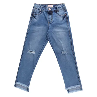 Calça Jeans Infantil Color Girl Wide Leg Com Cinto E Rasgos