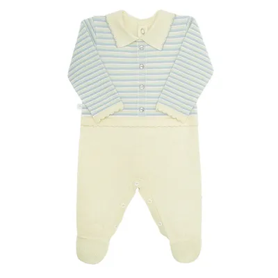 Macacão Longo Bebê Fofinho Tricô Detalhe Listrado Macacão Longo Bebê Fofinho Tricô Detalhe Listrado