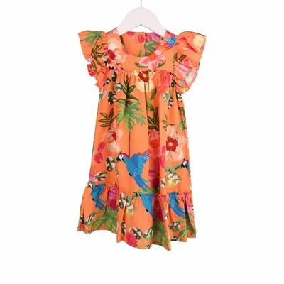 Vestido Infantil Kookabu Estampa Floral Com Pássaros Vestido Infantil Kookabu Estampa Floral Com Pássaros