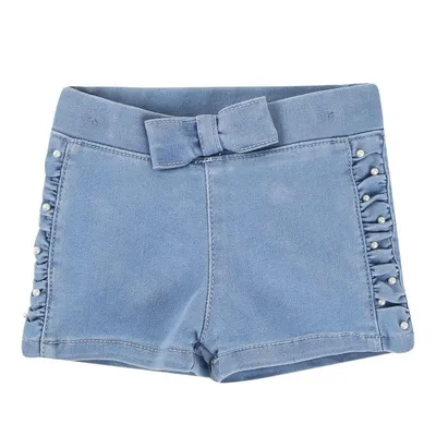 Short Jeans Din Don Com Laço E Franzido De Pérolas Menina Short Jeans Din Don Com Laço E Franzido De Pérolas Menina