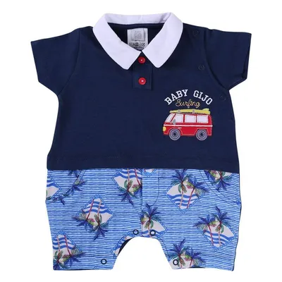 Macacão Curto Baby Gijo Estampa Coqueiros & Bordado De Carro