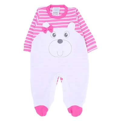 Macacão Longo Baby Gijo Menina Malha Listrado Urso