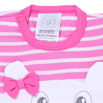 Macacão Longo Baby Gijo Menina Malha Listrado Urso Macacão Longo Baby Gijo Menina Malha Listrado Urso