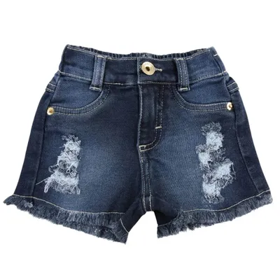 Shorts Jeans Infantil Color Girl Com Puídos E Barra Desfiada Shorts Jeans Infantil Color Girl Com Puídos E Barra Desfiada