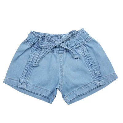 Shorts Jeans Infantil Color Mini Cós Elástico E Recorte Babados Shorts Jeans Infantil Color Mini Cós Elástico E Recorte Babados