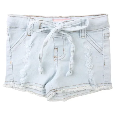 Shorts Jeans Infantil Color Mini Com Cadarço E Barra Desfiada Shorts Jeans Infantil Color Mini Com Cadarço E Barra Desfiada
