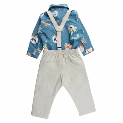 Conjunto Bebê Din Don Camisa Estampada + Calça Com Suspensório