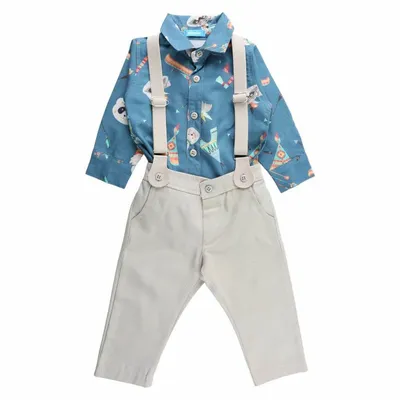 Conjunto Bebê Din Don Camisa Estampada + Calça Com Suspensório