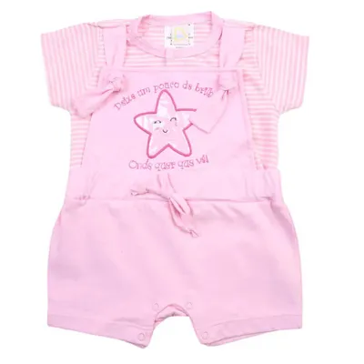 Macacão Curto Bebê Din Don Jardineira Bordado Estrela