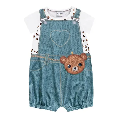 Macacão Curto Fakini Em Cotton Estampa Ursinha Detalhe Onça