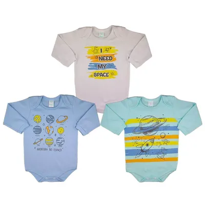 Kit Body Manga Longa Bebê Petutinha Espaço - 03 Peças Kit Body Manga Longa Bebê Petutinha Espaço - 03 Peças