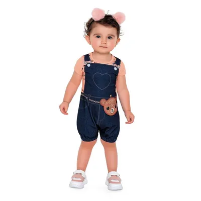 Macacão Curto Fakini Em Cotton Estampa Ursinha Detalhe Onça