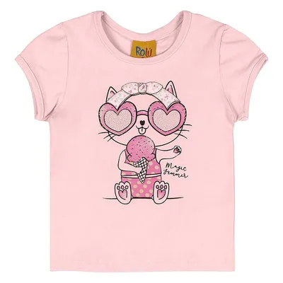 Blusa Manga Curta Rolú Em Cotton Estampa Gatinha Óculos Menina Blusa Manga Curta Rolú Em Cotton Estampa Gatinha Óculos Menina
