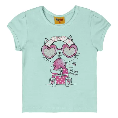 Blusa Manga Curta Rolú Em Cotton Estampa Gatinha Óculos Menina Blusa Manga Curta Rolú Em Cotton Estampa Gatinha Óculos Menina