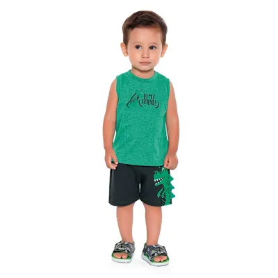 Conjunto Fakini Camiseta Regata + Bermuda Moletom Estampa Dino