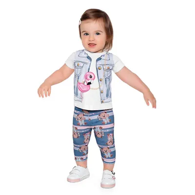 Conjunto Fakini Blusa Manga Curta Flamingo + Legging Urso