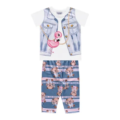 Conjunto Fakini Blusa Manga Curta Flamingo + Legging Urso