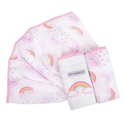 Kit Fralda Bordada Minasrey Cia Do Neném Arco-Íris - 03 Peças