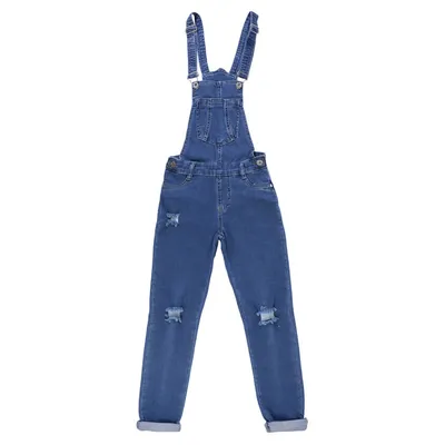 Jardineira Jeans Juvenil Pami Rasgos E Barra Virada