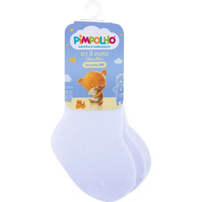 Kit Meia Bebê Pimpolho Unissex Lisa 03 Unidades Branco