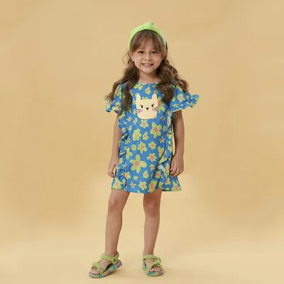 Vestido Infantil Kookabu Twill Bliss Bolso Estampa Gatinho Vestido Infantil Kookabu Twill Bliss Bolso Estampa Gatinho