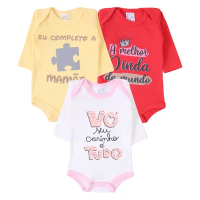 Kit Body Manga Longa Bebê Mub Vovô Titia Dinda - 3 Peças