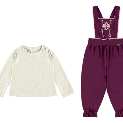 Jardineira Bebê Kiki Detalhe Bordado Com Blusa Lisa