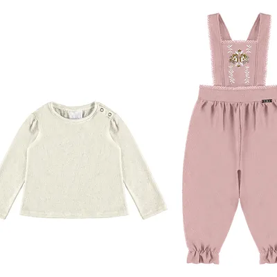 Jardineira Bebê Kiki Detalhe Bordado Com Blusa Lisa