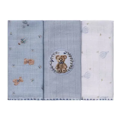 Kit Pano De Boca Baby Joy Soft Estampa Bordado Urso - 03 Peças