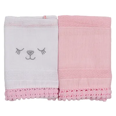 Kit Pano De Boca Bublim Petit Bordado Ursa Pompom - 2 Peças
