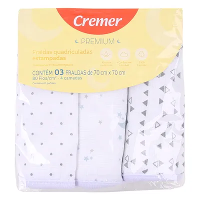 Fralda Cremer Quadriculada Estampada Com 03 Peças 70X70