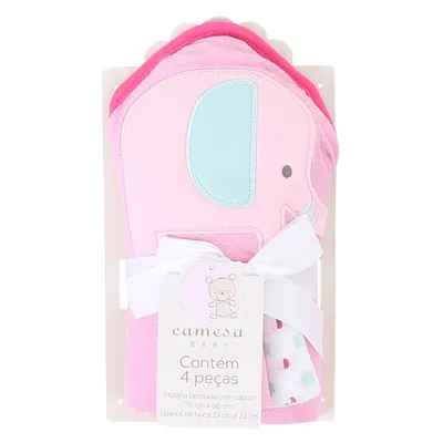 Kit Toalha Camesa Estampa Elefante Com Pano De Boca - 04 Peças