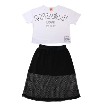 Conjunto Juvenil Livy Blusa Estampa Myself + Saia Detalhe Tela Conjunto Juvenil Livy Blusa Estampa Myself + Saia Detalhe Tela