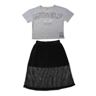 Conjunto Juvenil Livy Blusa Estampa Myself + Saia Detalhe Tela Conjunto Juvenil Livy Blusa Estampa Myself + Saia Detalhe Tela