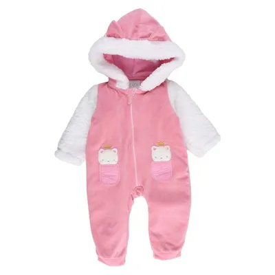 Macacão Longo Baby Gijo Plush Com Capuz Bordado Gatinha