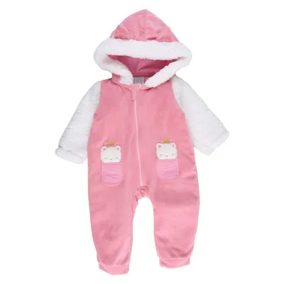 Macacão Longo Baby Gijo Plush Com Capuz Bordado Gatinha