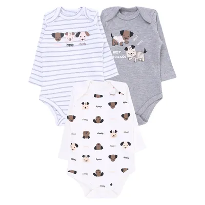 Kit Body Manga Longa Iaze Baby Estampa Dogs - 03 Peças
