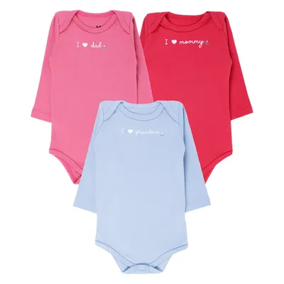 Kit Body Manga Longa Kiko Baby Estampa Grandma - 03 Peças