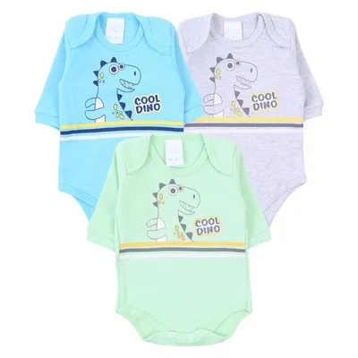 Kit Body Manga Longa Bebê Petutinha Estampa Dino - 03 Peças Kit Body Manga Longa Bebê Petutinha Estampa Dino - 03 Peças