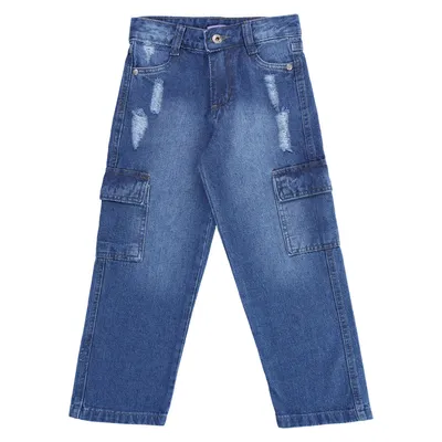 Calça Jeans Infantil Kookabu Wide Com Rasgos E Bolso Cargo