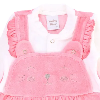 Macacão Longo Bebê Sonho Meu Plush Bordado Gatinha Macacão Longo Bebê Sonho Meu Plush Bordado Gatinha